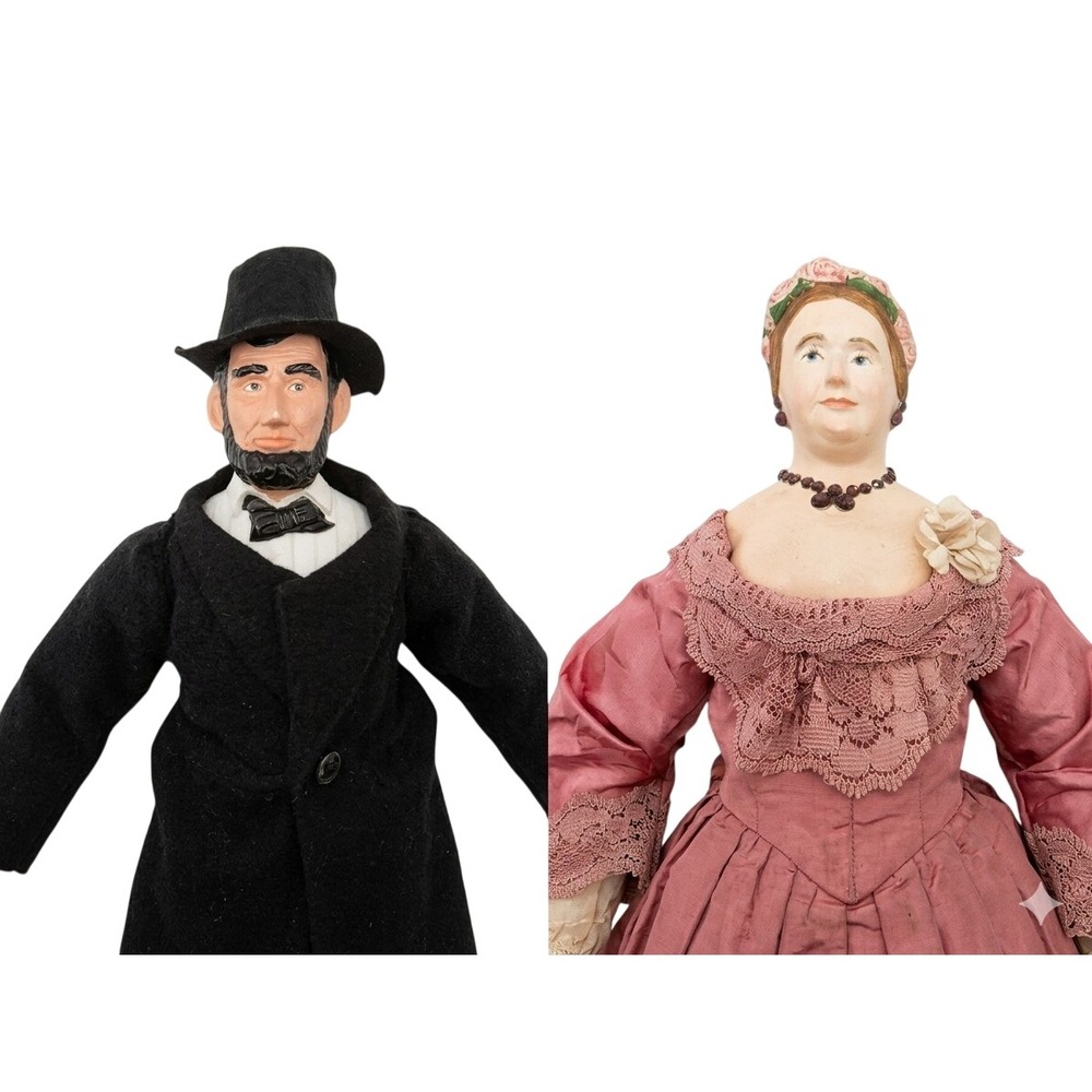 Antique 1900s Abraham & Mary Todd Lincoln Porcelain‎ Cloth Dolls CORL 20" Set